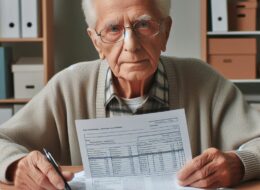 Persona mayor en una residencia con la declaración de impuestos.